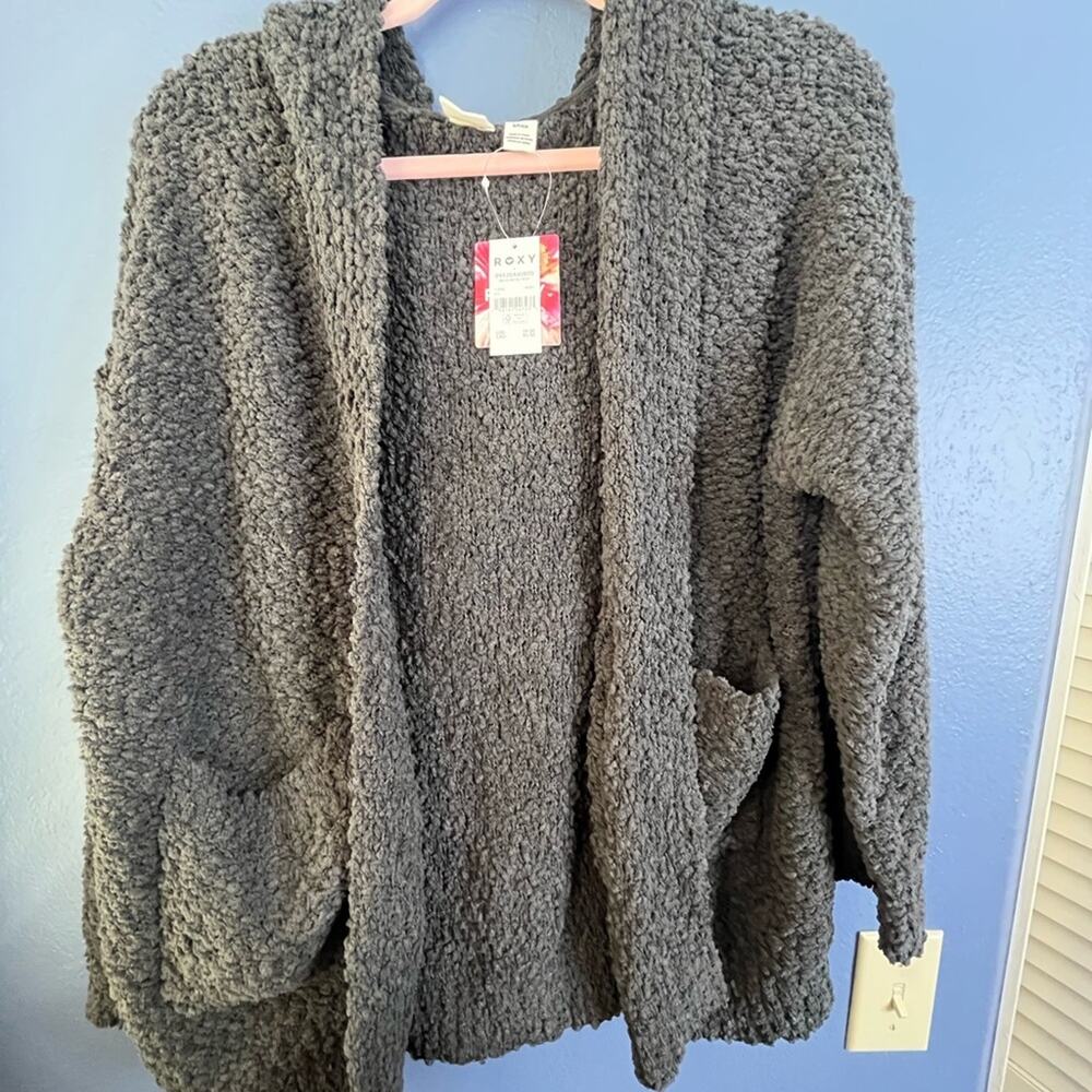Roxy Weekend Retreat Charcoal Women's fuzzy Cardigan open front with hood small